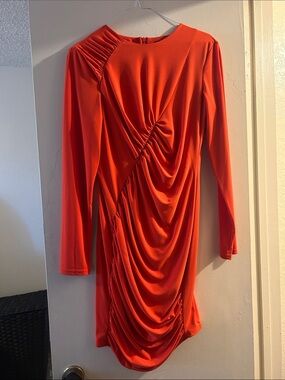 Zara Bright Orange Long-Sleeve Ruched Draped Dress